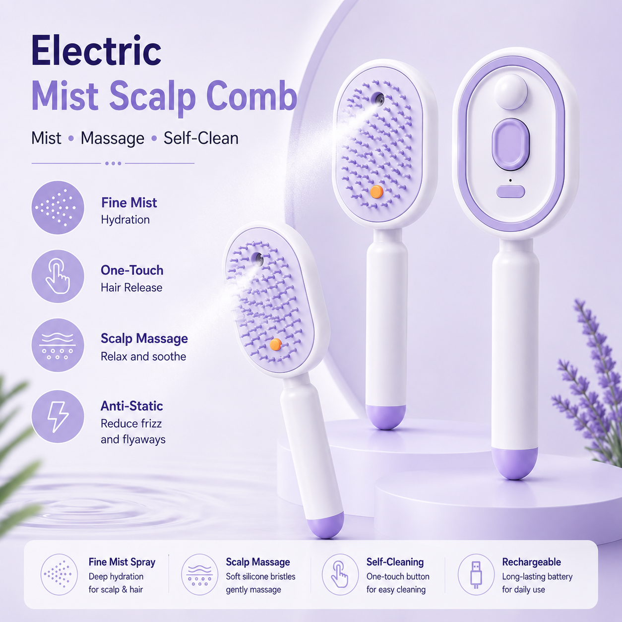 Electric Mist Scalp Comb – Self-Cleaning & Anti-Static Hair Brush